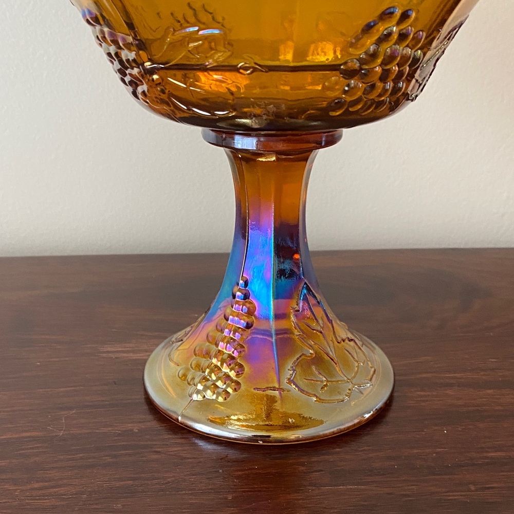 Indiana Glass • Harvest Grape • Carnival Glass • Amber • Pedestal Fruit Bowl - Picture 4 of 5